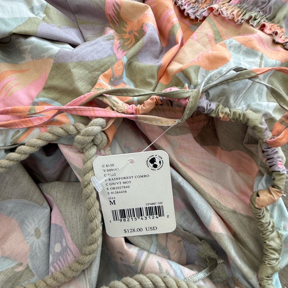 Free People Sz medium Deserted Island Mini Dress‎ Rainforest Floral Tie Rope - Picture 4 of 5